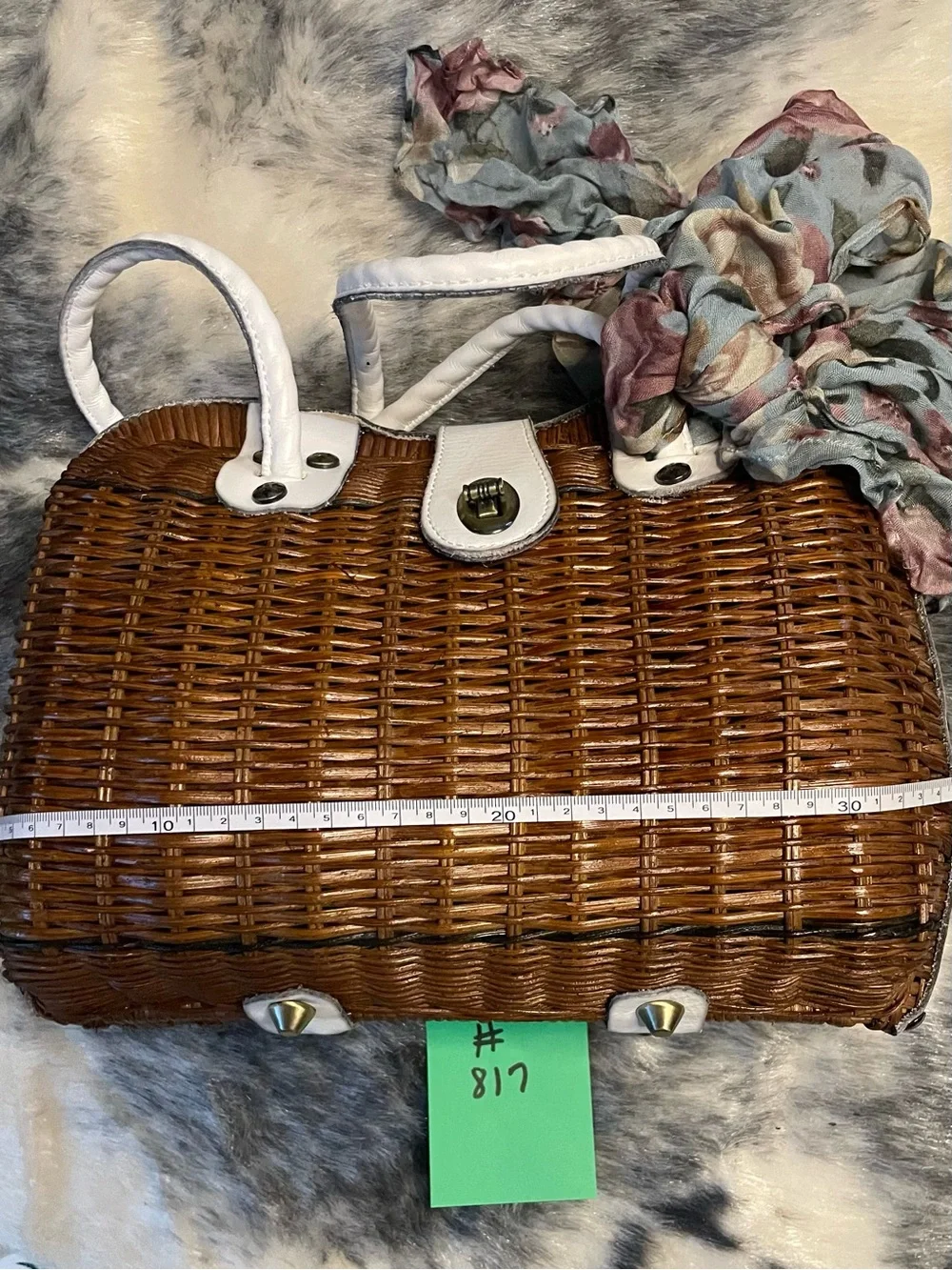 Patricia Nash Tan Wicker Satchel White Leather with Scarf Crossbody